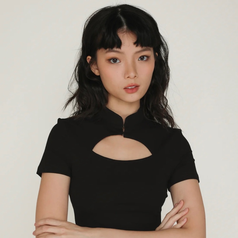 Chic Mandarin Collar Cropped T-shirt Black Crop Top Cut-Out Tee - XS/S
